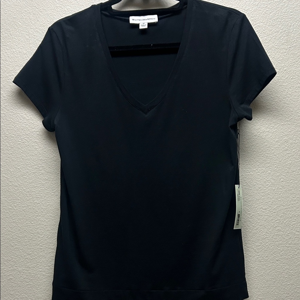 White + Warren Black Short Sleeve V-Neck Top